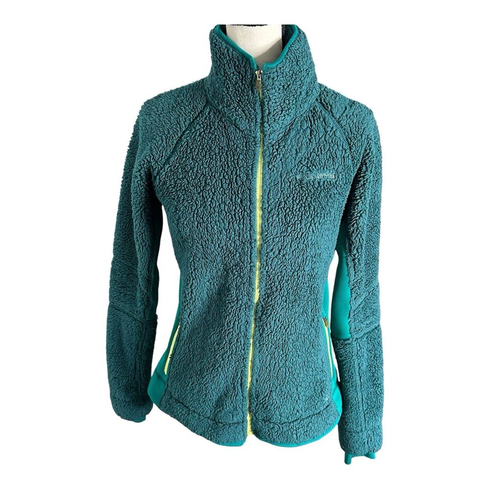 COLUMBIA Women’s Full-Zip Fleece Jacket Coat Medium Green Yellow Outdoor